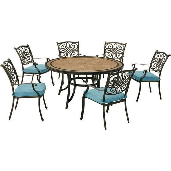 Hanover Monaco 7-Piece Outdoor Patio Dining Set, 6 Cushioned Stationary Chairs and 60" Round Tile Table, Brushed Bronze Finish, Rust-Resistant, All-Weather - MONDN7PCRDTL-C-BLU