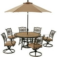 thumbnail image 1 of Hanover Monaco 7-Piece Outdoor Patio Dining Set, 6 Cushioned Swivel Rocker Chairs, 60" Round Tile Table, 9' Umbrella, and Umbrella Base, Brushed Bronze Finish, Rust-Resistant, All-Weather, 1 of 9