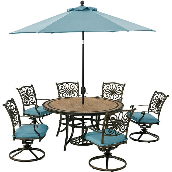 Hanover Monaco 7-Piece Outdoor Patio Dining Set, 6 Cushioned Swivel Rocker Chairs, 60" Round Tile Table, 9' Umbrella, and Umbrella Base, Brushed Bronze Finish, Rust-Resistant, All-Weather