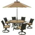 thumbnail image 1 of Hanover Monaco 7-Piece Outdoor Patio Dining Set, 6 Cushioned Wicker Back Swivel Rocker Chairs, 60" Round Tile Table, 9' Umbrella, and Umbrella Base, Bronze Finish, Rust-Resistant, All-Weather, 1 of 9