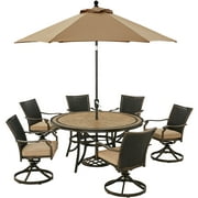Hanover Monaco 7-Piece Outdoor Patio Dining Set, 6 Cushioned Wicker Back Swivel Rocker Chairs, 60" Round Tile Table, 9' Umbrella, and Umbrella Base, Bronze Finish, Rust-Resistant, All-Weather