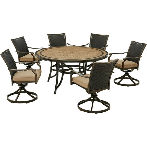 Hanover Monaco 7-Piece Outdoor Patio Dining Set, 6 Cushioned Wicker Back Swivel Rocker Chairs and 60" Round Tile Table, Brushed Bronze Finish, Rust-Resistant, All-Weather - MONDNWB7PCSW6RDTL-TAN