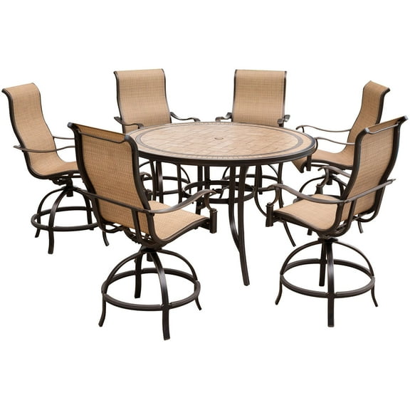 Hanover Monaco 7-Piece Outdoor Patio High-Dining Set with 6 Contoured Swivel Chairs and a 56" Round Tile-Top Table with Heavy-Duty Aluminum Frames | MONDN7PCBR