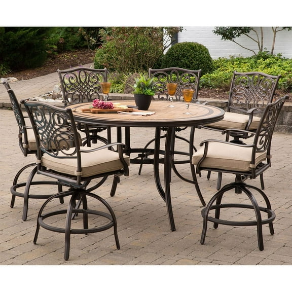 Hanover Monaco 7-Piece Outdoor Patio High-Dining Set in Tan with a 56" Round Tile-top Table and 6 Comfortable Swivel Chairs with Plush Cushions | MONDN7PCBR-C