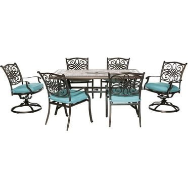 Hanover Monaco 7-Piece Patio Dining Set in Blue with 4 Dining Chairs, 2 Swivel Rockers, and a 40" x 68" Tile-Top Table