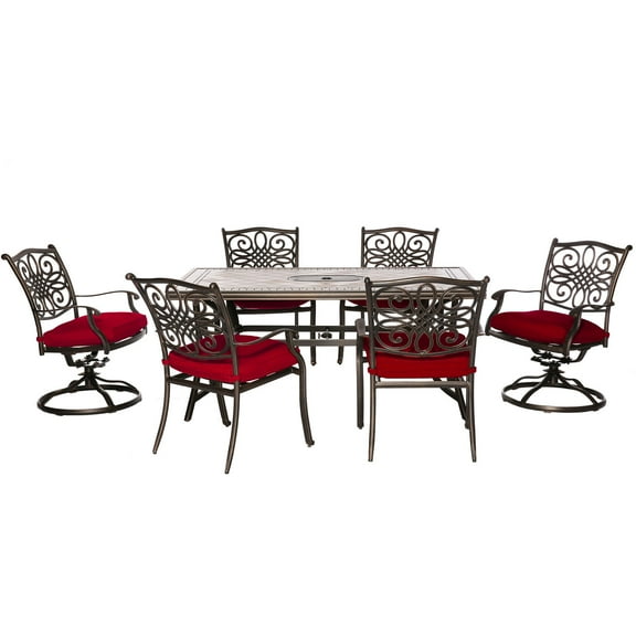 Hanover Monaco 7-Piece Patio Dining Set in Red with 4 Dining Chairs, 2 Swivel Rockers, and a 40" x 68" Tile-Top Table