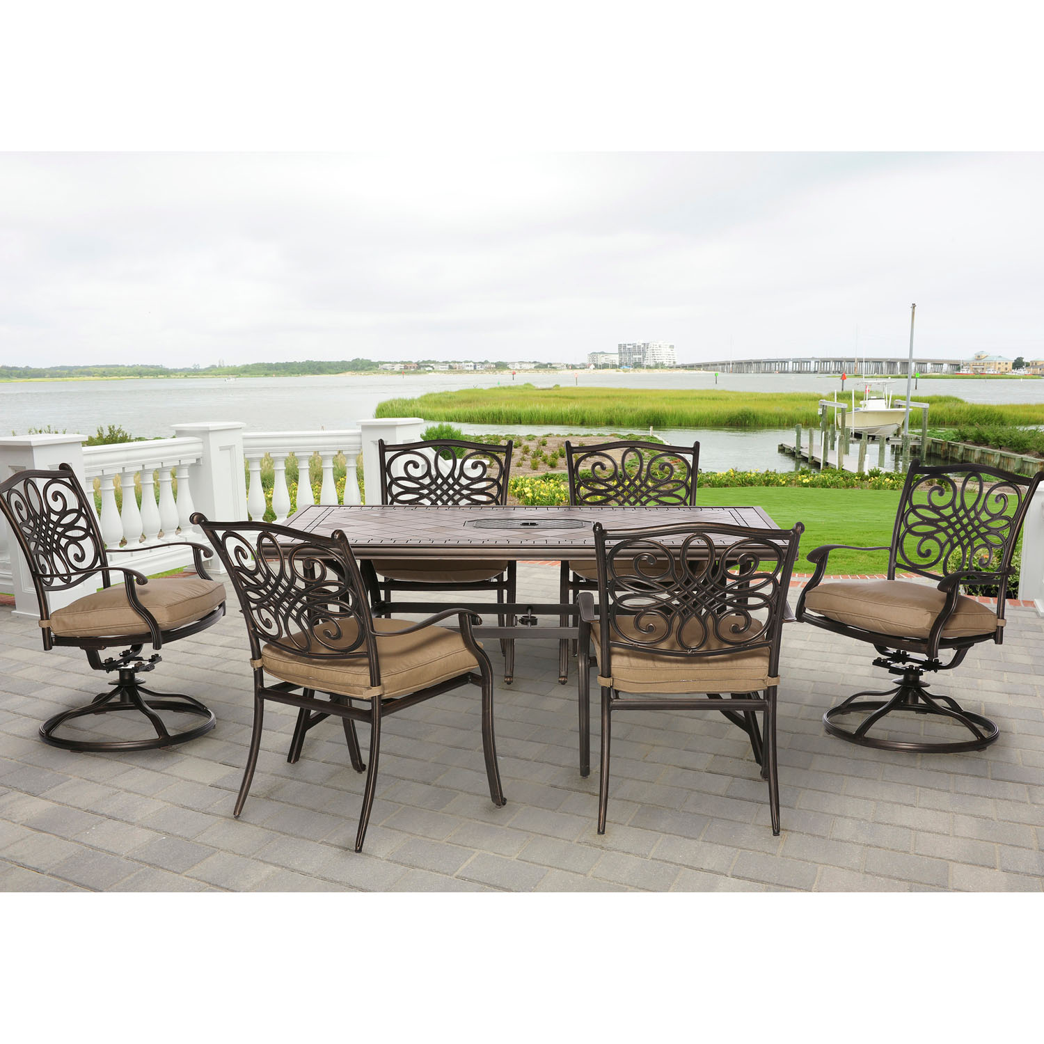 Hanover Monaco 7-Piece Rust-Free Aluminum Outdoor Patio Dining Set with Tan Cushions, 4 Dining Chairs, 2 Swivel Rockers and Porcelain Tile Rectangular Dining Table, MONDN7PCSW-2 - image 1 of 14