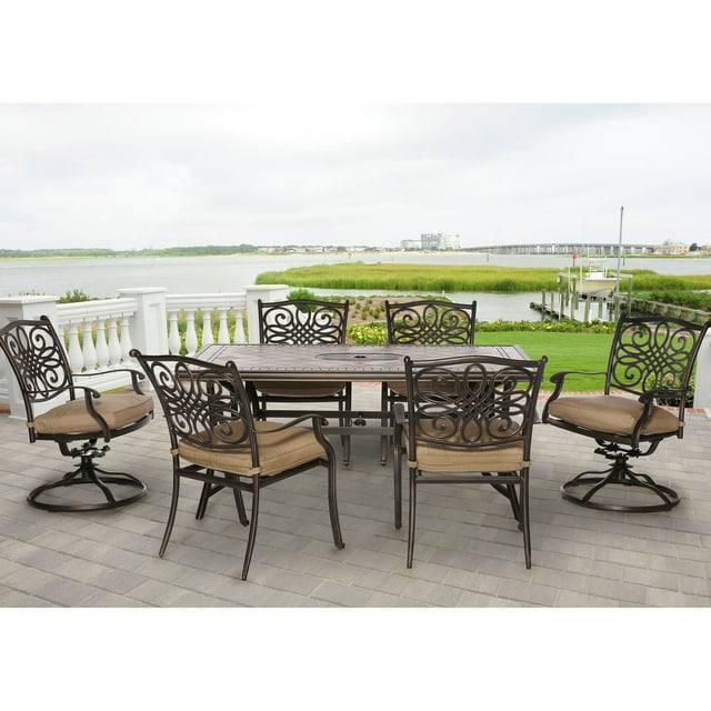 Hanover Monaco 7-Piece Rust-Free Aluminum Outdoor Patio Dining Set with Tan Cushions, 4 Dining Chairs, 2 Swivel Rockers and Porcelain Tile Rectangular Dining Table, MONDN7PCSW-2