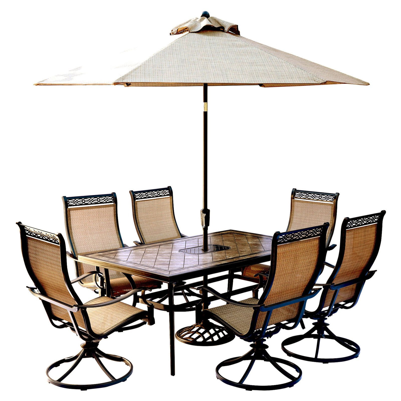 Hanover Monaco 7 Piece Aluminum Outdoor Dining Set with 2 Swivel Rockers Tan Cushions MONDN7PCSW 2 Walmart