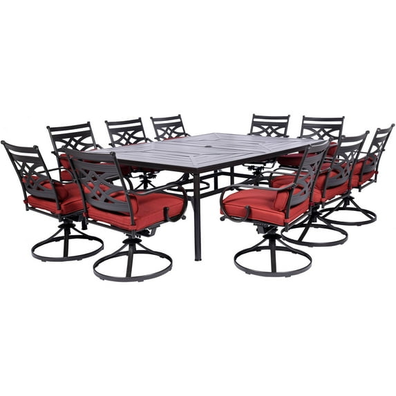 Hanover Montclair 11-Piece All-Weather Outdoor Patio Dining Set, 10 Swivel Rocker Chairs with Comfortable Seat and Lumbar Cushions, 84"x60" Stamped Rectangle Table, MCLRDN11PCSW10-CHL