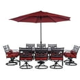 thumbnail image 1 of Hanover Montclair 11-Piece All-Weather Outdoor Patio Dining Set, 10 Swivel Rocker Chairs with Comfortable Seat and Lumbar Cushions, 84"x60" Stamped Rectangle Table, Umbrella, and Umbrella Base, 1 of 20