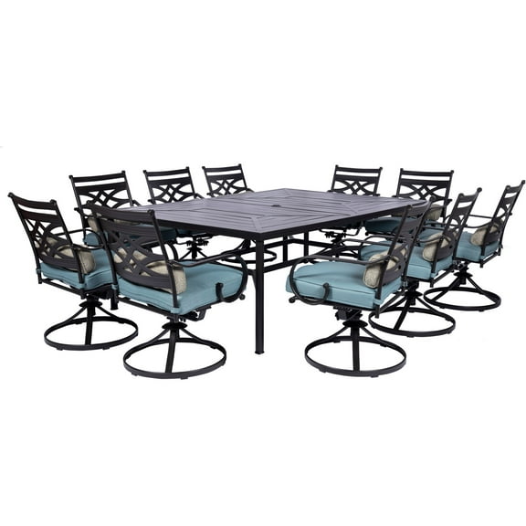 Hanover Montclair 11-Piece Dining Set with 10 Swivel Rockers, Ocean Blue