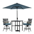 thumbnail image 1 of Hanover Montclair 3-Piece All-Weather Outdoor Patio High Dining Set, 2 Swivel Counter-Height Chairs with Comfortable Seat and Lumbar Cushions, 33" Square Stamped Rectangle Table, Umbrella, and Base, 1 of 12