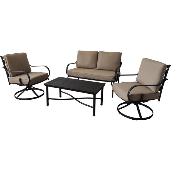 Hanover Montclair 4-Piece All-Weather Outdoor Patio Chat Set, 2 Swivel Rocker Side Chairs, Loveseat, and Coffee Table, Thick Cushions, Conversation Set - MCLR4PC-TAN