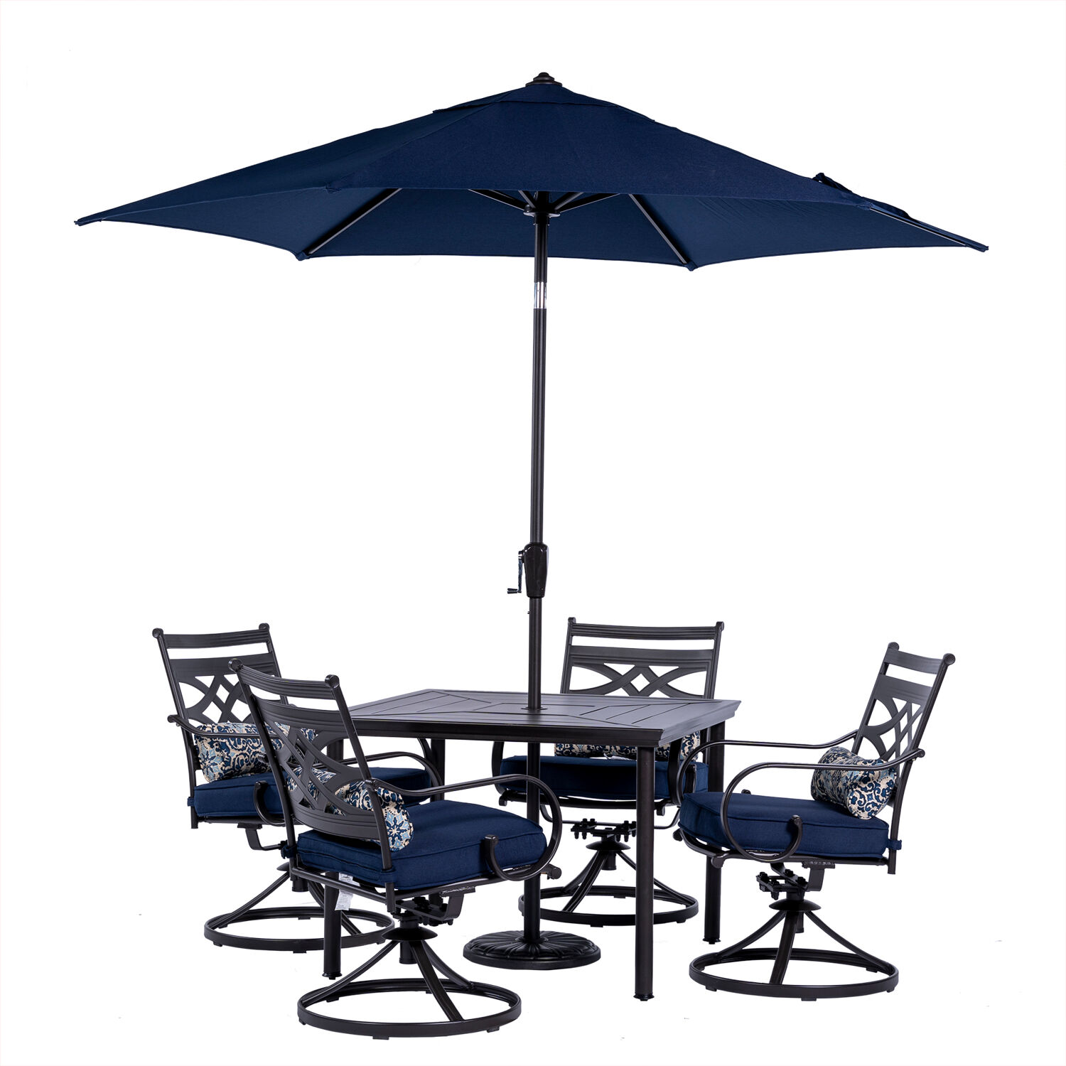 Hanover Montclair 5-Piece All-Weather Outdoor Patio Dining Set, 4 Swivel Rocker Chairs with Comfortable Seat and Lumbar Cushions, 40" Square Stamped Rectangle Table, Umbrella, and Base - image 1 of 14