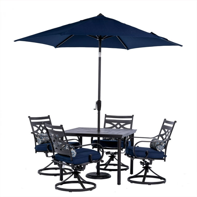 Hanover Montclair 5-Piece All-Weather Outdoor Patio Dining Set, 4 Swivel Rocker Chairs with Comfortable Seat and Lumbar Cushions, 40" Square Stamped Rectangle Table, Umbrella, and Base
