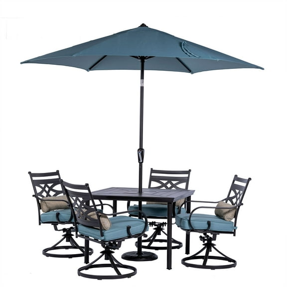 Hanover Montclair 5-Piece All-Weather Outdoor Patio Dining Set, 4 Swivel Rocker Chairs with Comfortable Seat and Lumbar Cushions, 40" Square Stamped Rectangle Table, Umbrella, and Base