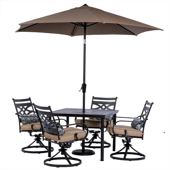 Hanover Montclair 5-Piece All-Weather Outdoor Patio Dining Set, 4 Swivel Rocker Chairs with Comfortable Seat and Lumbar Cushions, 40" Square Stamped Rectangle Table, Umbrella, and Base