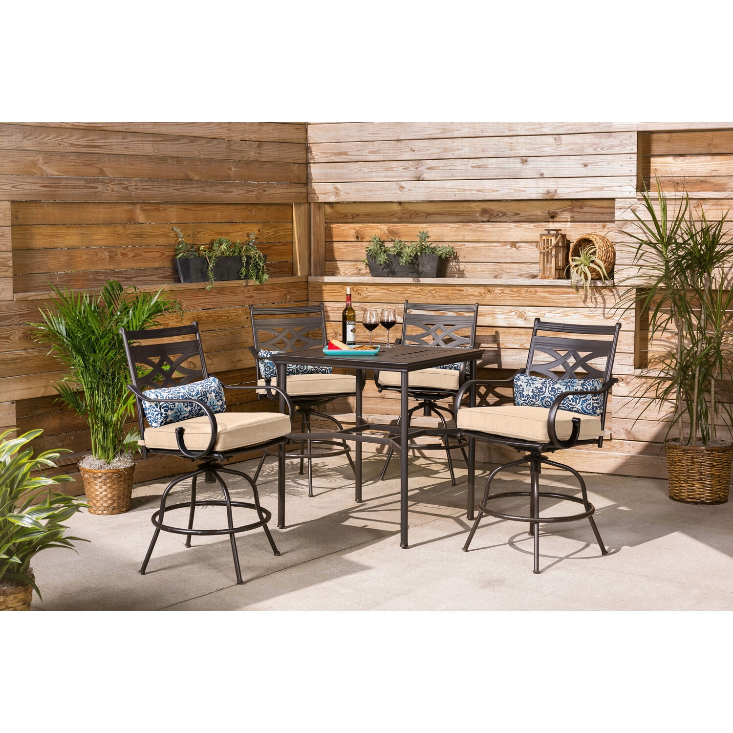 Hanover Montclair 5-Piece High-Dining Patio Set in Tan with 4 Swivel Chairs and a 33-In. Counter-Height Dining Table, MCLRDN5PCBR-TAN