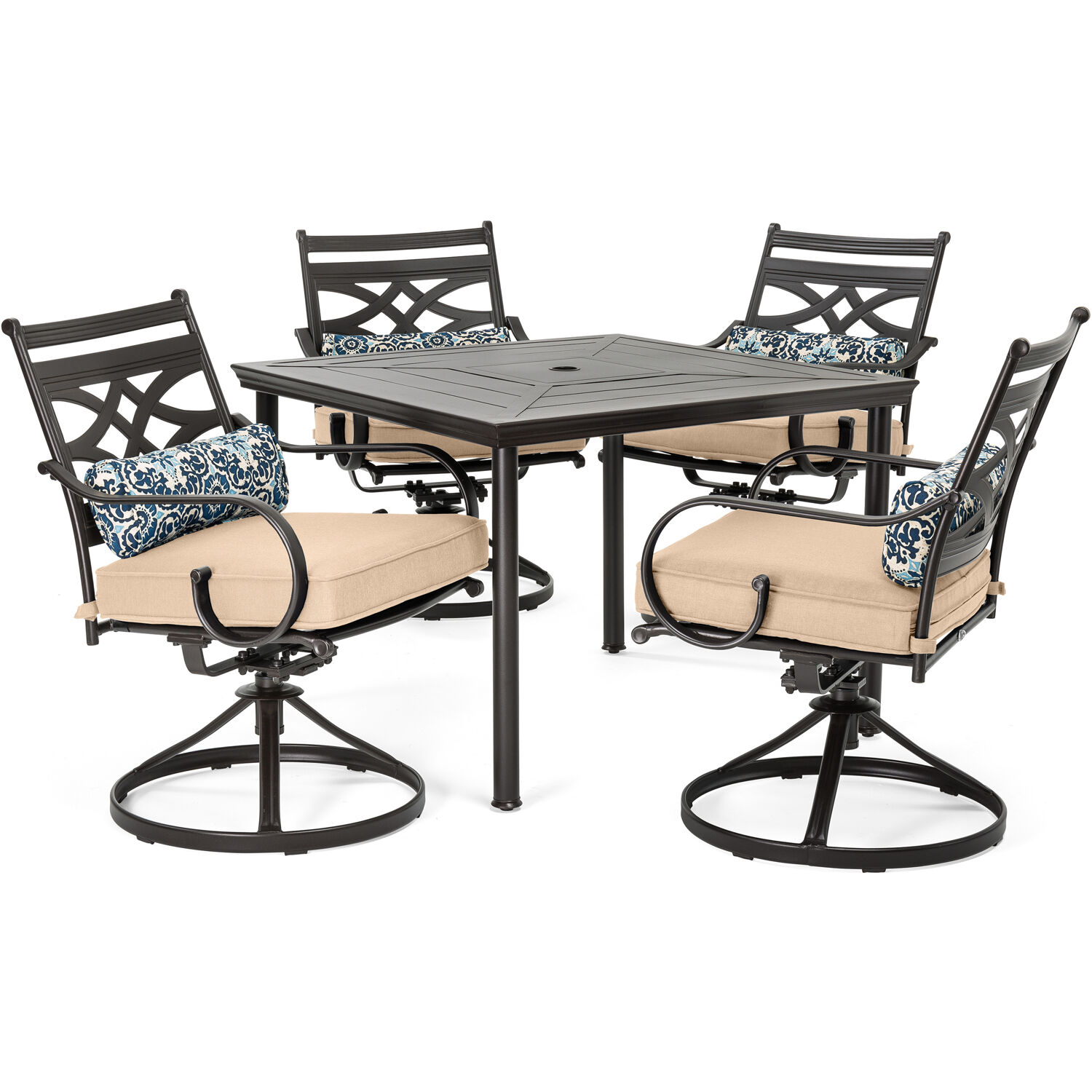 Hanover Montclair 5-Piece Steel Patio Dining Set in Tan with 4 Swivel Rockers and a Square Table - image 1 of 12
