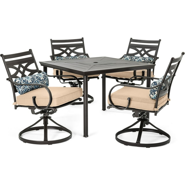 Hanover Montclair 5-Piece Steel Patio Dining Set in Tan with 4 Swivel Rockers and a Square Table