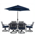 thumbnail image 1 of Hanover Montclair 7-Piece All-Weather Outdoor Patio Dining Set, 6 Swivel Rocker Chairs with Comfortable Seat and Lumbar Cushions, 40"x66" Stamped Rectangle Table, Umbrella, and Umbrella Base, 1 of 21