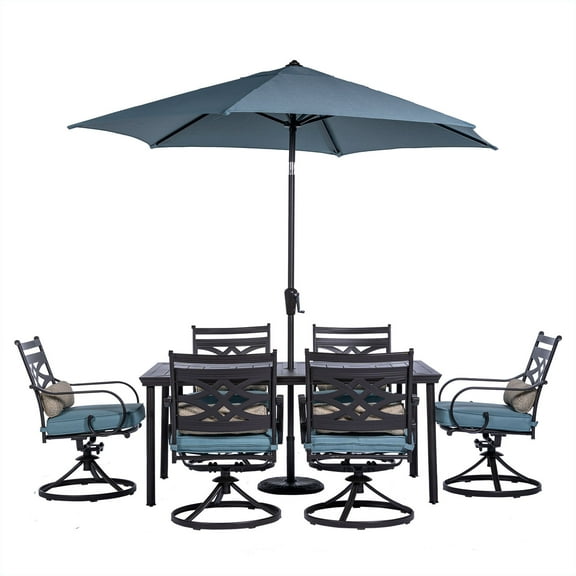 Hanover Montclair 7-Piece All-Weather Outdoor Patio Dining Set, 6 Swivel Rocker Chairs with Comfortable Seat and Lumbar Cushions, 40"x66" Stamped Rectangle Table, Umbrella, and Umbrella Base