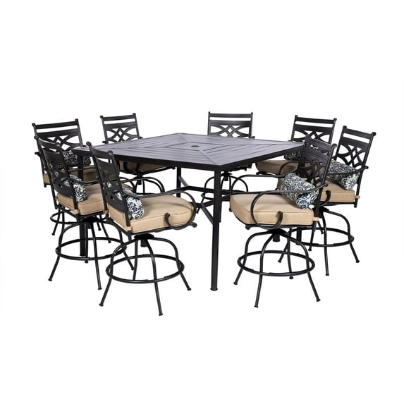 Hanover Montclair 9-Piece All-Weather Outdoor Patio High Dining Set, 8 Swivel Counter-Height Chairs with Comfortable Seat and Lumbar Cushions, 60" Square Stamped Rectangle Table, MCLRDN9PCBRSW8-TAN