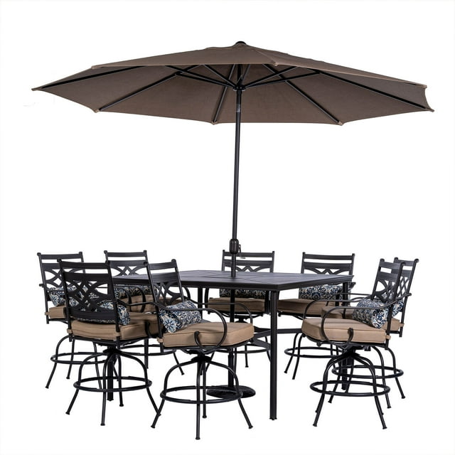 Hanover Montclair 9-Piece All-Weather Outdoor Patio High Dining Set, 8 Swivel Counter-Height Chairs with Comfortable Seat and Lumbar Cushions, 60" Square Stamped Rectangle Table, MCLRDN9PCBRSW8-SU-T