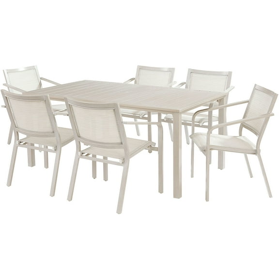 Hanover Morrison 7-Piece Outdoor Costal Dining Set with 6 Aluminum Sling Chairs and Slat Top 66" x 38" Table, Rust-Resistant - MORDN7PC-WHT