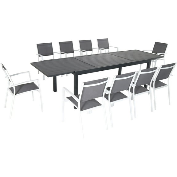 Hanover Naples 11 Pcs Aluminum Outdoor Dining Set, Gray/White
