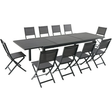Hanover Naples 11-Piece Outdoor Dining Set, Aluminum 40” x 118” Expanding Patio Table with 10 Stackable Sling Chairs, Modern, Comfortable, and Weather-Resistant, NAPDN11PCFD-GRAY
