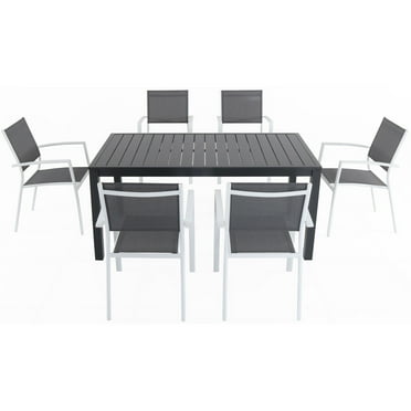Hanover Naples 7-Piece Outdoor Dining Set | Aluminum 63" x 35" Patio Table with 6 Stackable Sling Chairs | Modern, Comfortable, and Weather-Resistant | NAPDNS7PC-WHT