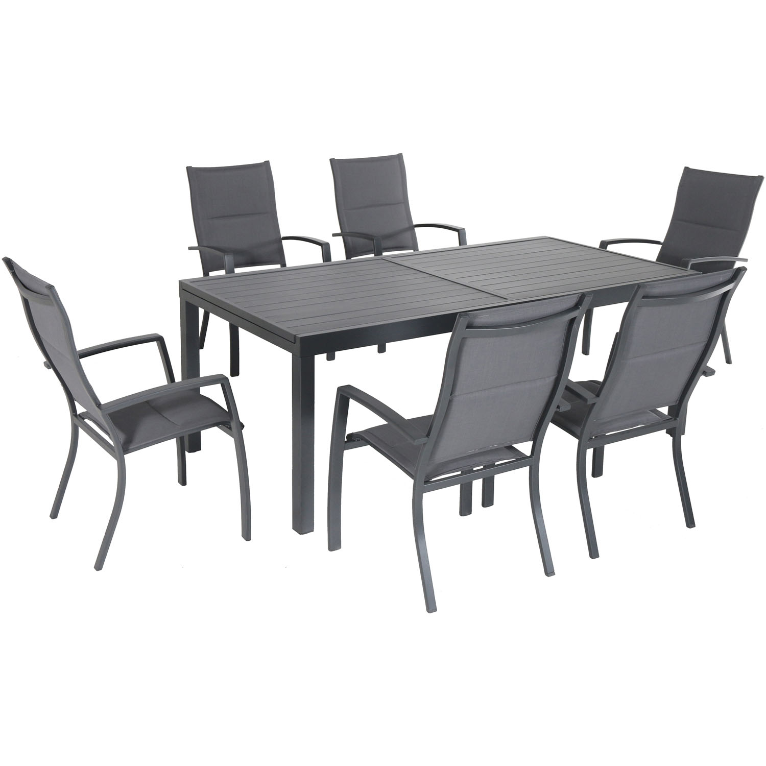 Hanover Naples 7-Piece Outdoor Dining Set w/ 6 Padded Sling Chairs in Gray and 40" x 118" Expandable Dining Table - image 1 of 16