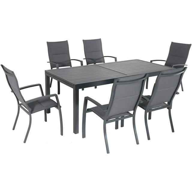 Hanover Naples 7-Piece Outdoor Dining Set w/ 6 Padded Sling Chairs in Gray and 40" x 118" Expandable Dining Table