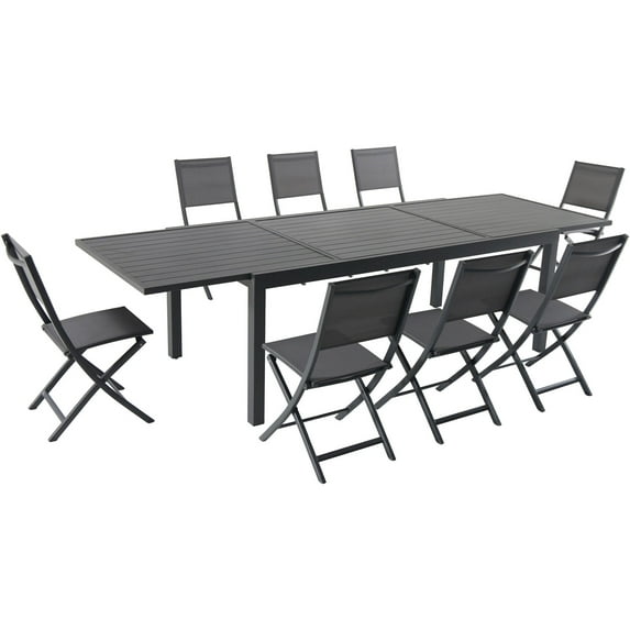Hanover Naples 9-Piece Outdoor Dining Set | Aluminum 40" x 118" Expanding Patio Table with 8 Folding Sling Chairs | Modern, Comfortable, and Weather-Resistant | NAPDN9PCFD-GRY
