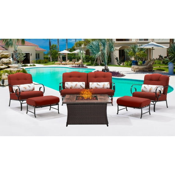 Hanover Oceana 6-Piece Fire Pit Lounge Set with Glazed Faux-Wood Tile Top