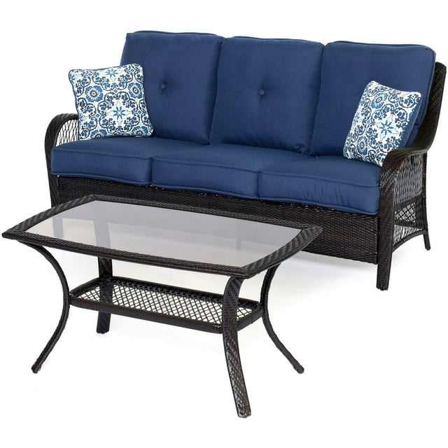 Hanover Orleans 2-Piece Wicker Outdoor Patio Sofa Set, Navy Blue