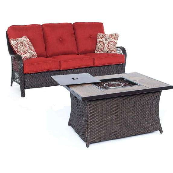 Hanover Orleans 2-Piece Woven Fire Pit Set with Glazed Faux-Wood Tile Top