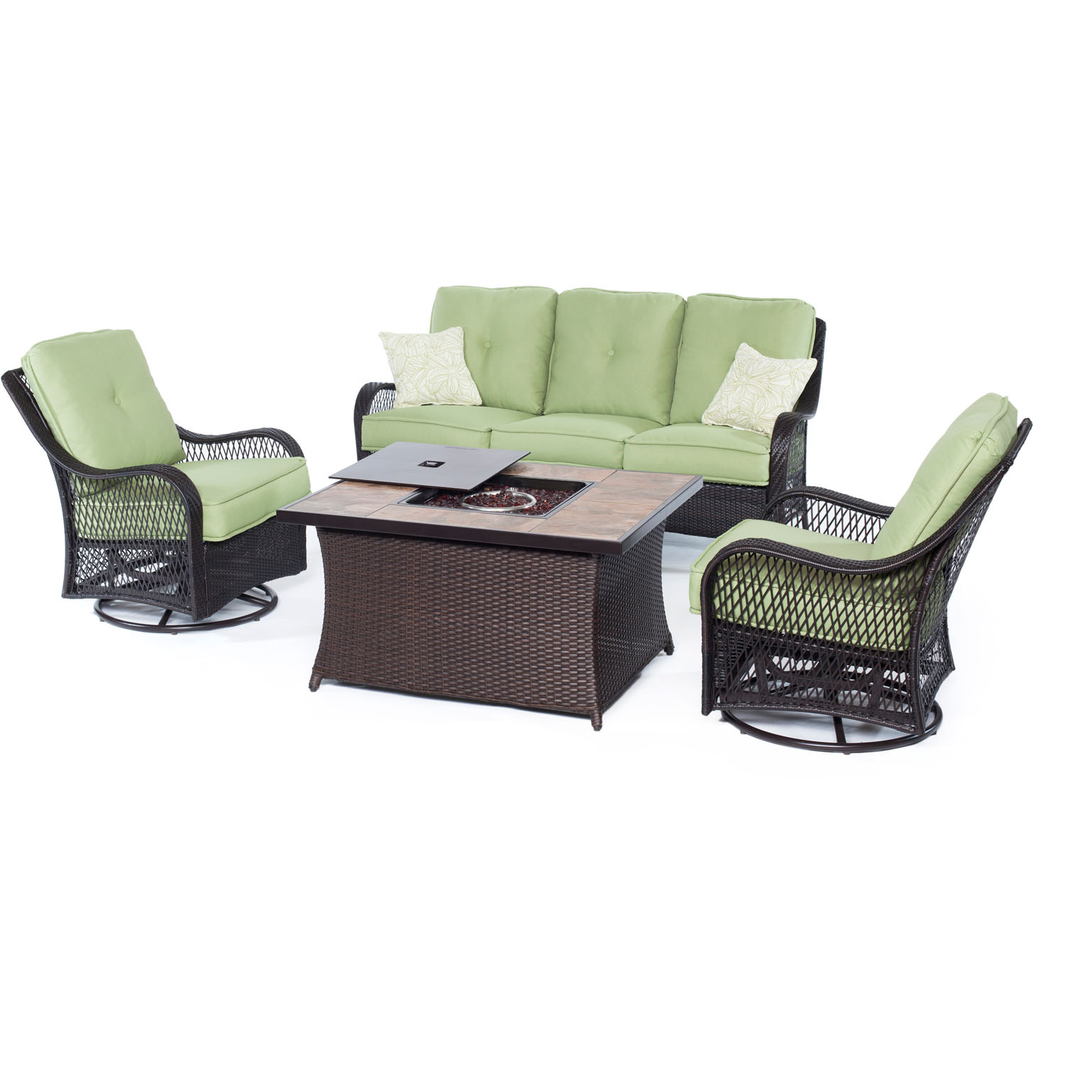 Hanover Orleans 4 Pcs Wicker Propane Fire Pit Set, Avocado Green - image 1 of 9