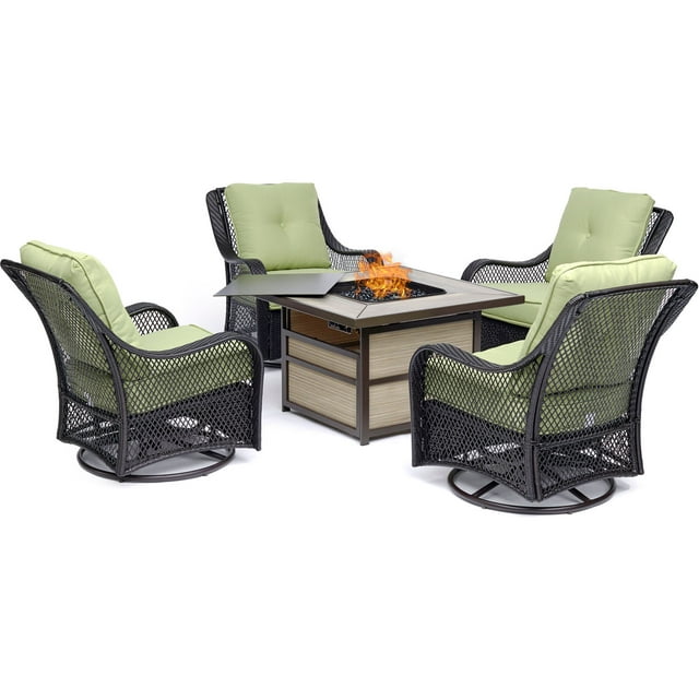Hanover Orleans 5 Pcs Wicker and Steel Propane Fire Pit Chat Set, Avocado Green