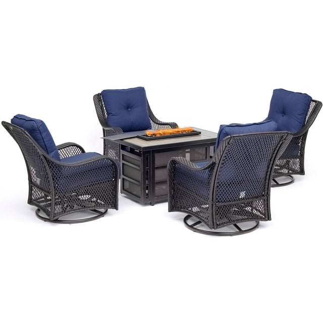 Hanover Orleans 5 Pcs Wicker and Steel Propane Fire Pit Chat Set, Navy Blue