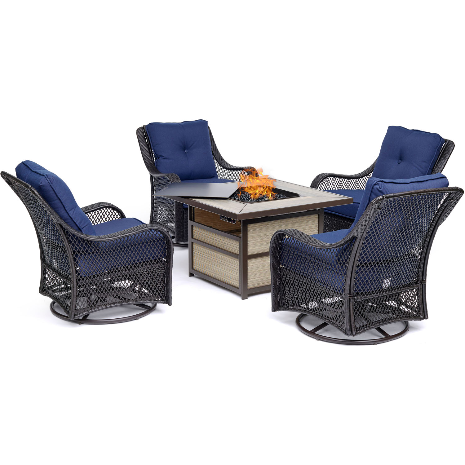 Hanover Orleans 5-Piece Fire Pit Chat Set with a 40,000 BTU Fire Pit Table and 4 Woven Swivel Gliders in Navy Blue - image 1 of 11