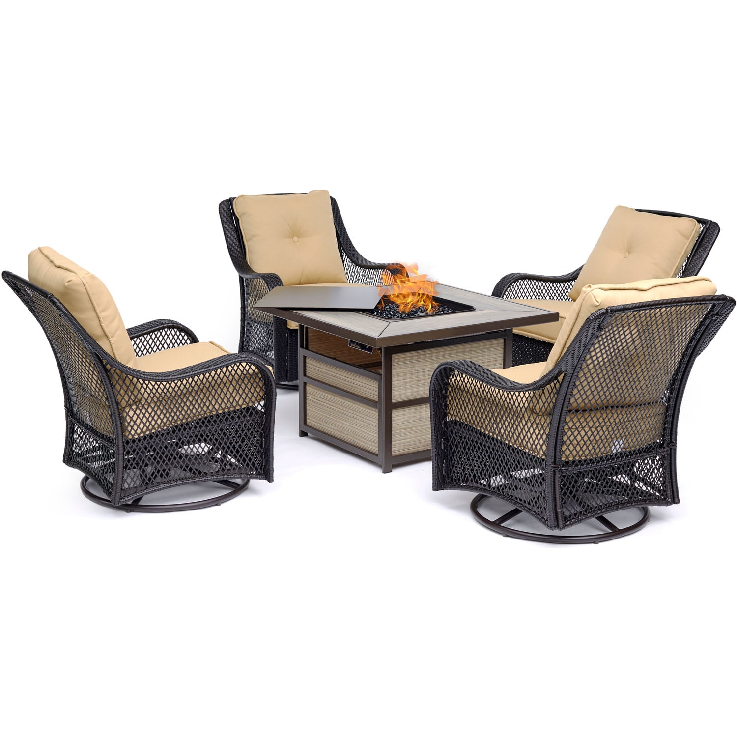 Hanover Orleans 5-Piece Fire Pit Chat Set with a 40,000 BTU Fire Pit Table and 4 Woven Swivel Gliders in Sahara Sand - image 1 of 7