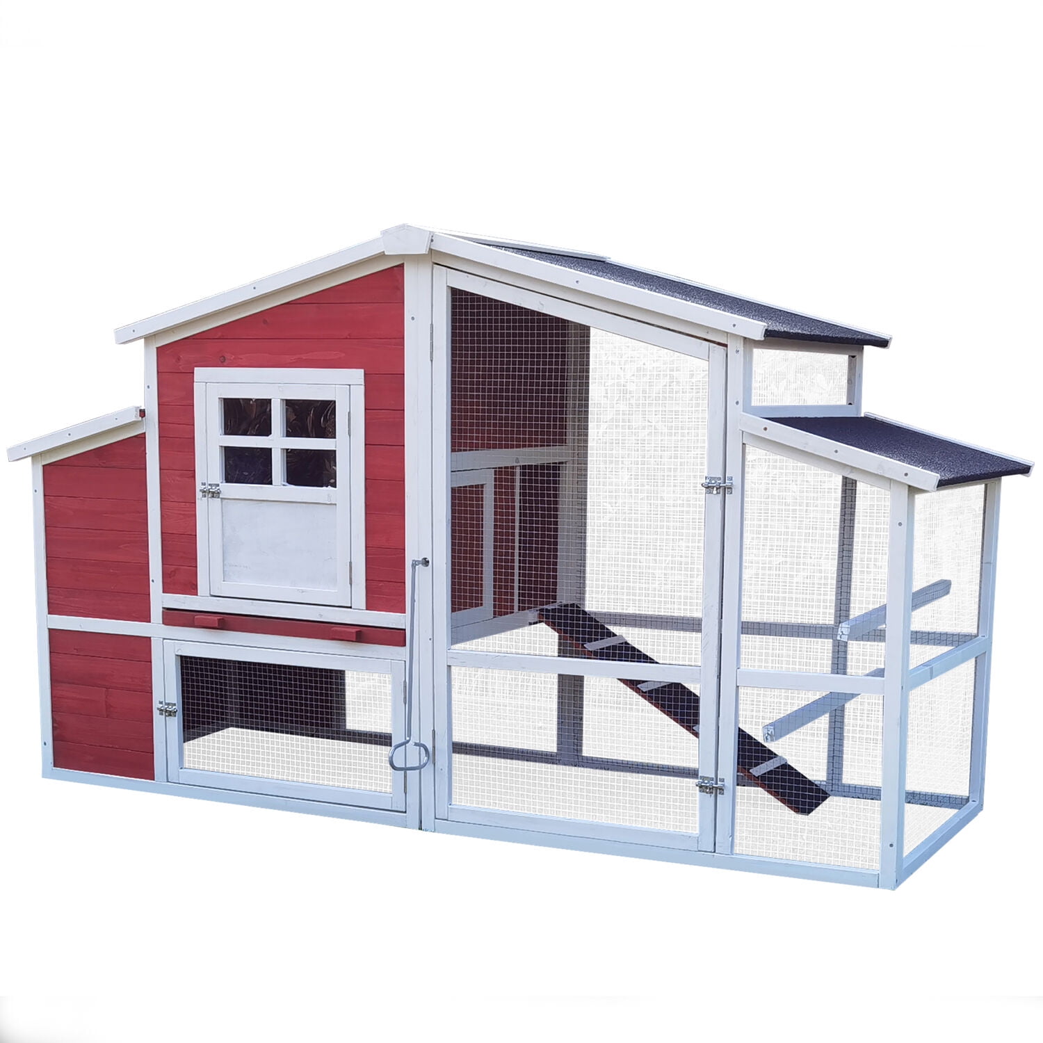Red Wooden Chicken Coop with Ramp and Mesh Run