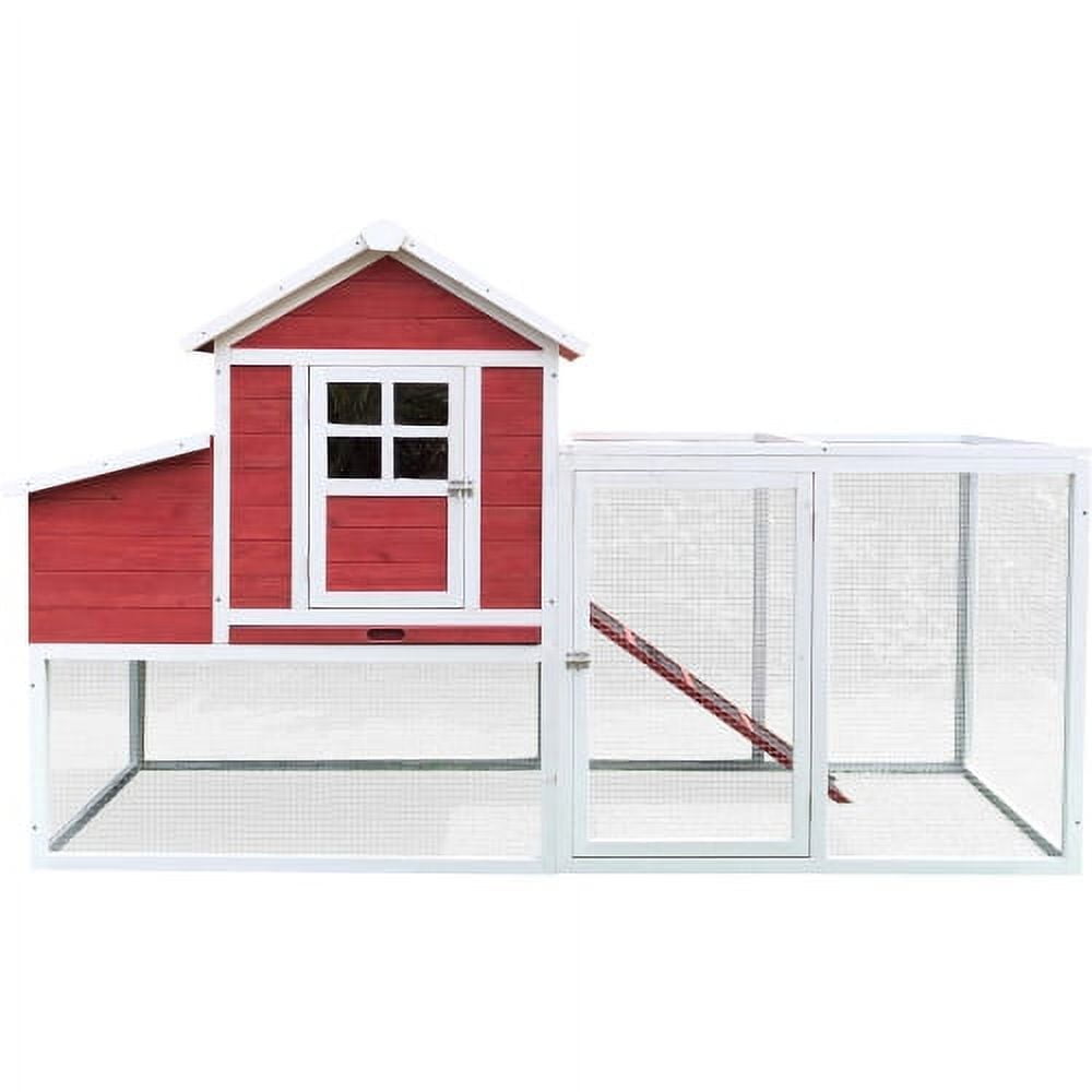Red and White Elevated Wooden Chicken Coop with Mesh Run