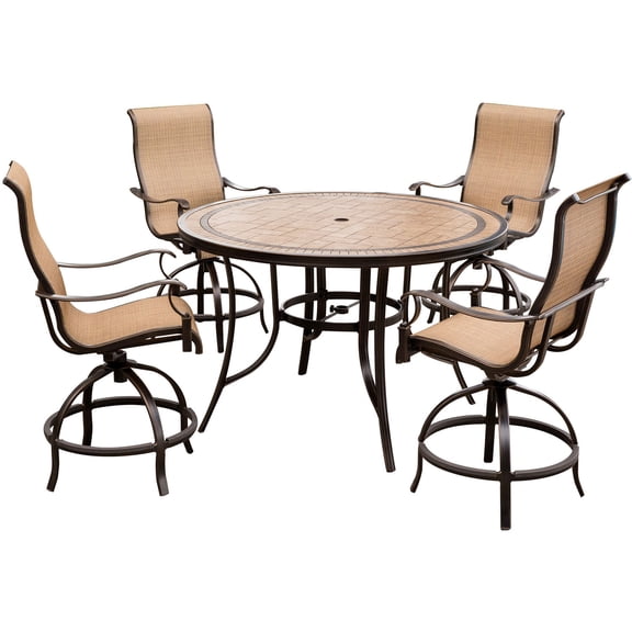 Hanover Outdoor Monaco 5-Piece Tile-Top Bar Set with Sling Seating in Cedar