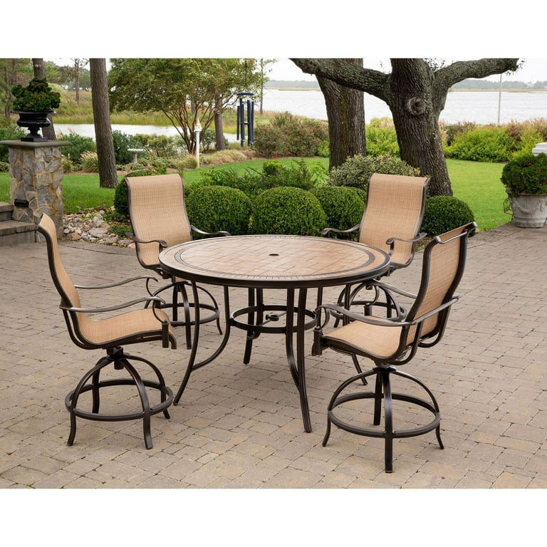 Hanover Outdoor Monaco 5 Piece Tile Top Bar Set with Sling Seating in Cedar