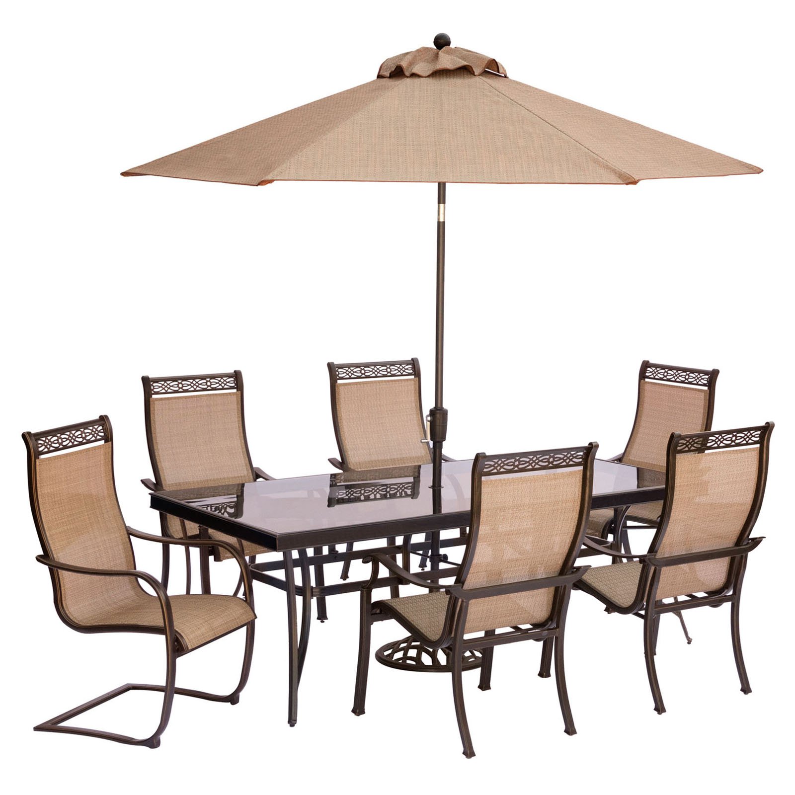 Hanover Outdoor Monaco 7-Piece Sling Dining Set with 42" x 84" Glass-Top Table, 4 Stationary Chairs and 2 C-Spring Chairs plus Umbrella with Stand, Cedar - image 1 of 11