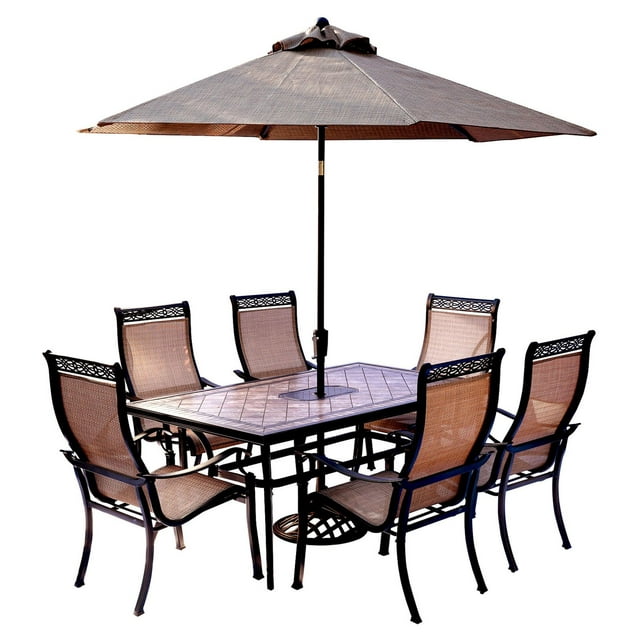 Hanover Outdoor Monaco 7-Piece Tile-Top Dining Set with Sling Chairs and Umbrella with Stand, Cedar